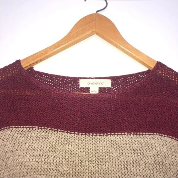 Onetheland Tunic Sweater L Wine Tan Blue Blocks Stripe  Fringe Bottom Knit - Picture 5 of 11